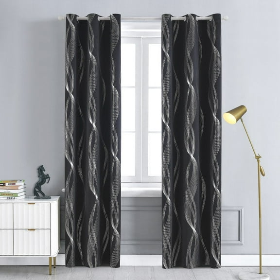 Embossed Silver Blackout Curtains 52*63 Inch 2 Panels Set Farmhouse Style for Bedroom Windows/Living Room Thermal Insulated Neutral Boho，Black
