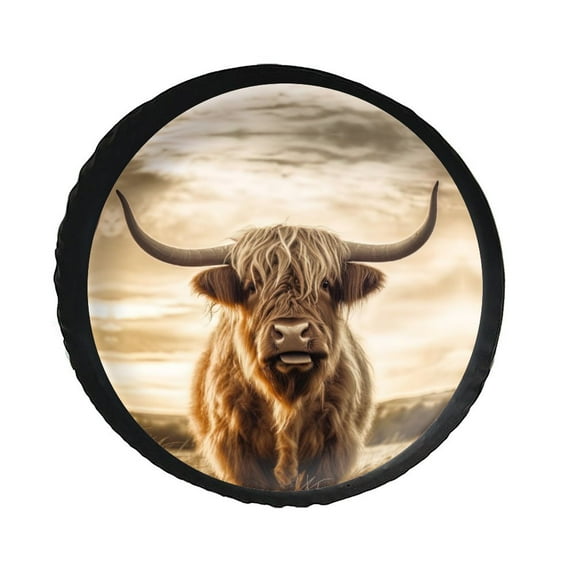 KAKALAD Long Horns Highland Cow Standing In Field 02 Spare Tire Cover PVC Leather Wheel Protectors Weatherproof Universal Dust-Proof for Trailer Rv SUV Truck Camper Travel Trailer Accessories 14 Inch