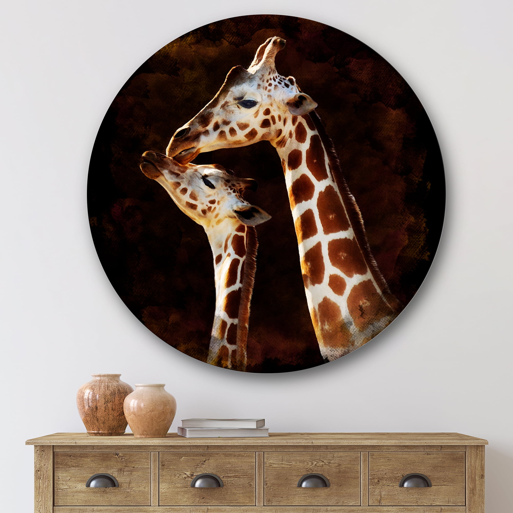 Designart 'Close UP Of Two Giraffes Kissing I' Farmhouse Circle Metal Wall Art 29x29 - Disc of 29