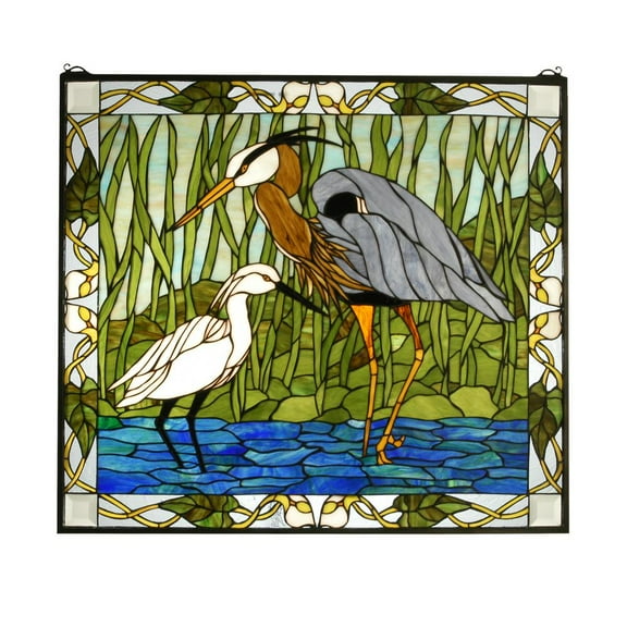 Meyda Lighting 30"W X 27"H Blue Heron & Snowy Egret Stained Glass Window