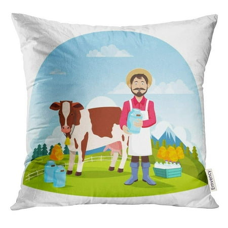 CMFUN Farmer Near Cow and Bottles of Milk Cartoon Man at Farm Cattle Animal with Ring Cans Liquid in Front Pillow Case 20x20 Inches