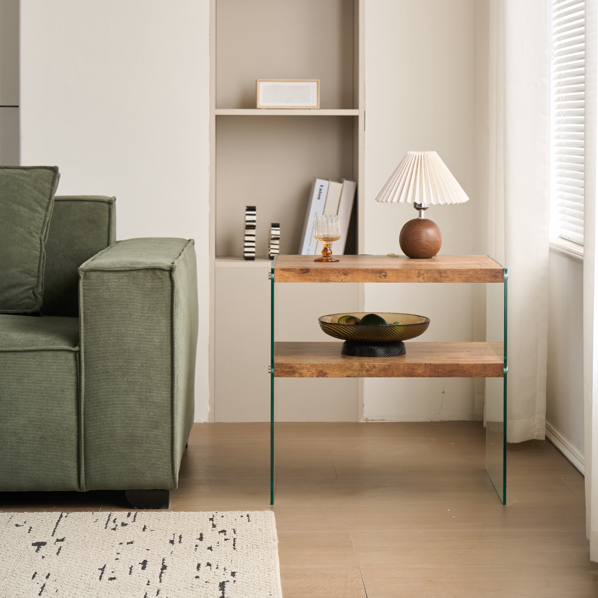 MDF Side Table, Small Tea Table and Walnut Night Stand with Premium Tempered Glass Top, Multi-Purpose Sofa Table for Snacks Coffee Books Decor, Waterproof and Easy to Clean, No Assembly Required