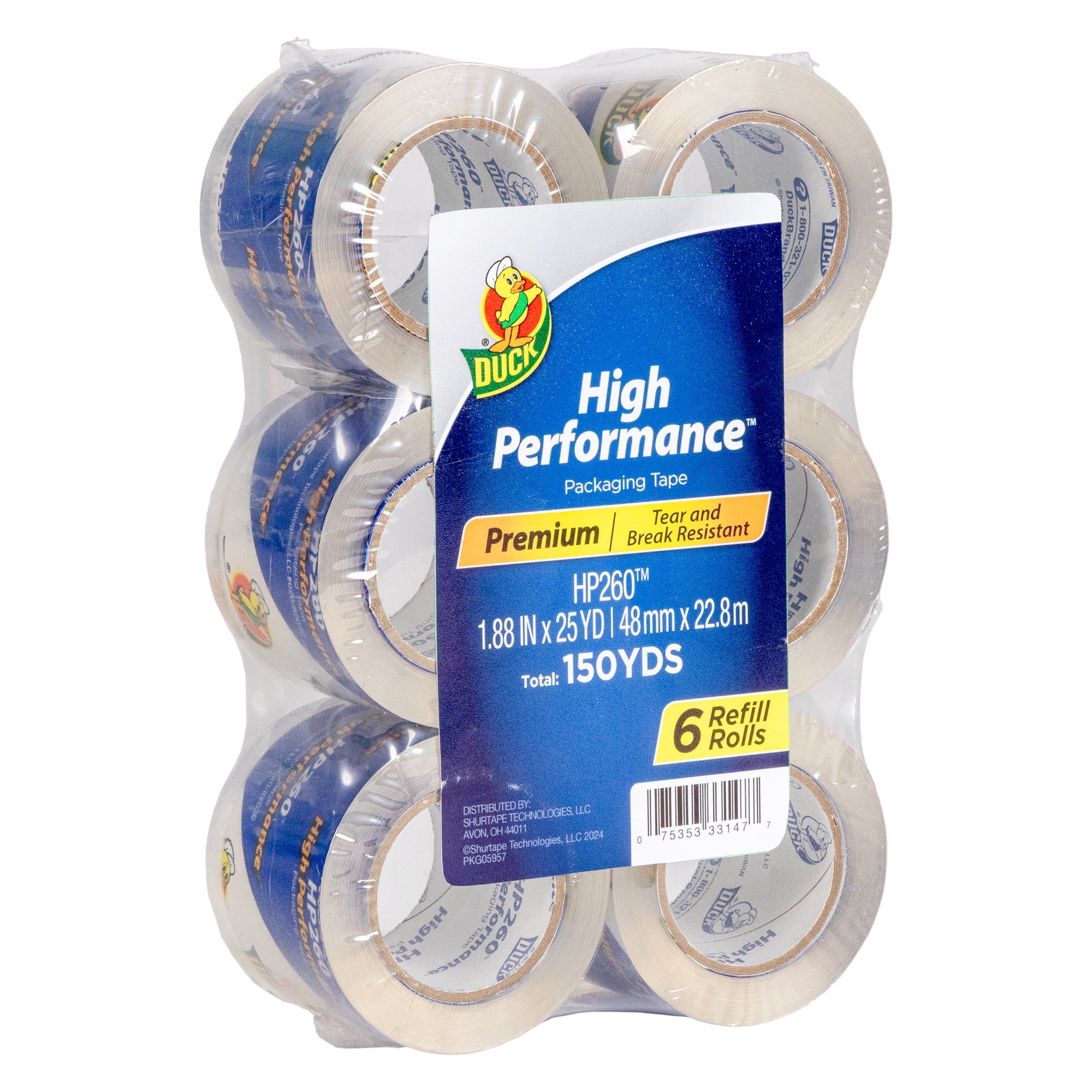 Duck Duck High Performance Tape Packing Tape - Clear, 1.88 in. x 25 yd., 6 Count, 150 Yards Total