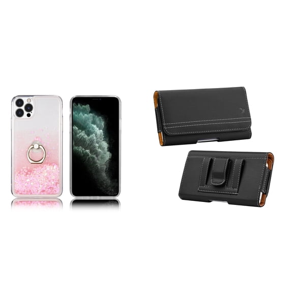 Waterfall Liquid Glitter Stand Case and Belt Holster Pouch for iPhone 14 Pro - Pink