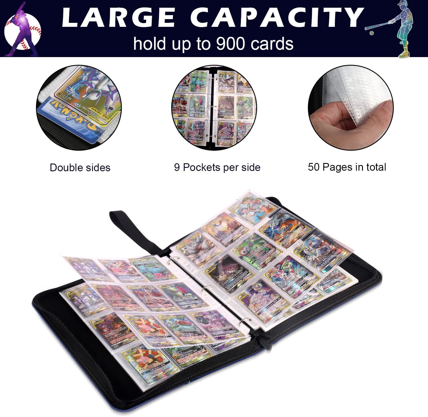 Clackibukvyz Card Binder 9 Pocket, Trading Card Binder for up to 900 Cards, Load Baseball Cards