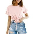 thumbnail image 2 of tarylea Tops for Women Trendy Crew Neck Tie Front Crop Tops Short Sleeve Solid Color Blouse Casual Dressy Summer Tops, 2 of 7
