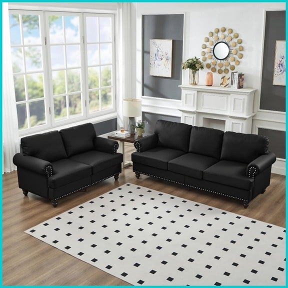 Modern Classic 2 3 Seater Loveseat & Sofa Set - Black Imitation Cowhide with Storage for Living Room