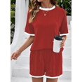 thumbnail image 4 of Women 2 Piece Shorts Set Casual Summer Outfits Ribbed Loose Short Sleeve Matching Lounge Sets Red XXL, 4 of 8