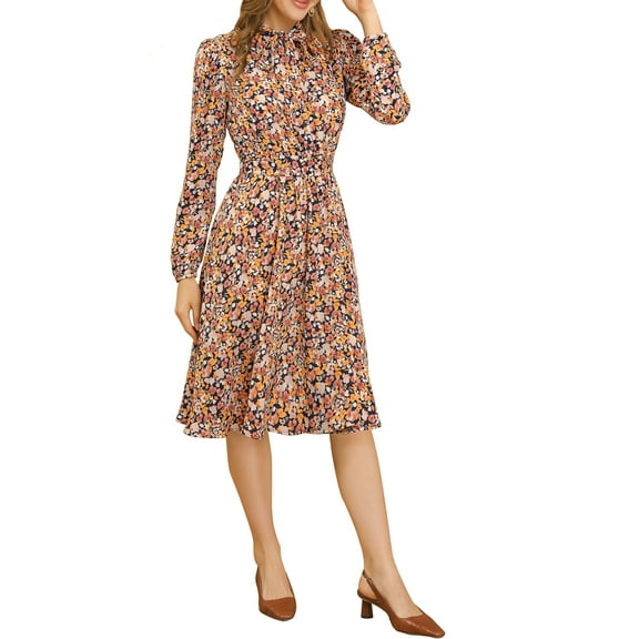 INSPIRE CHIC Women's Tie Neck Dresses Chiffon Long Sleeve Belted Vintage Floral Dress XS Yellow