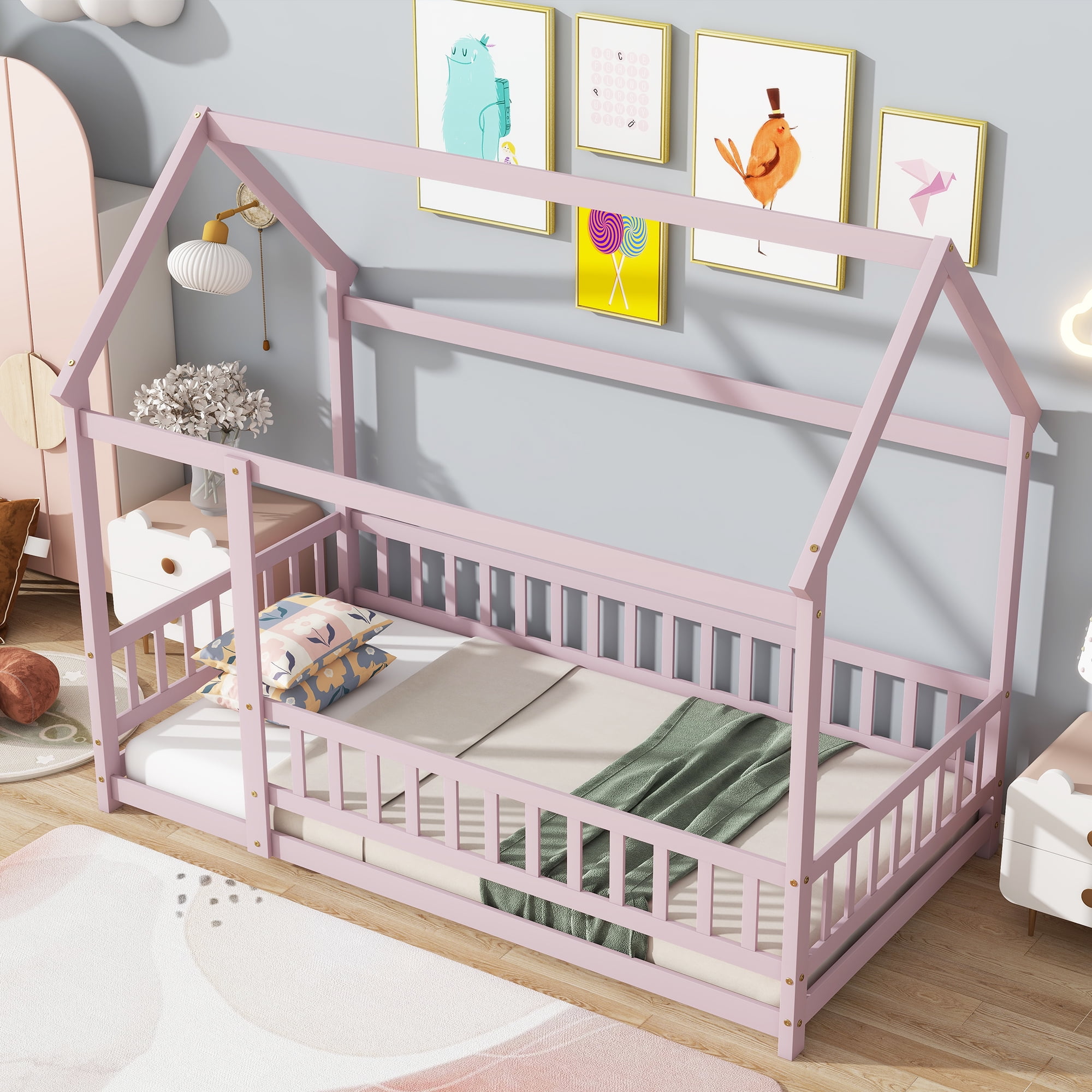 Jopath Twin Size Floor Bed Frame Montessori House Floor Wooden Bed with with Roof Frame,Safety Guardrails for Kids,Boys,Girls Pink