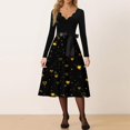 thumbnail image 2 of Valentine's Day Dresses for Women Long Sleev Vintage Love Heart Print V-Neck A-Line Cocktail Party Dress with Belt Gold M, 2 of 5