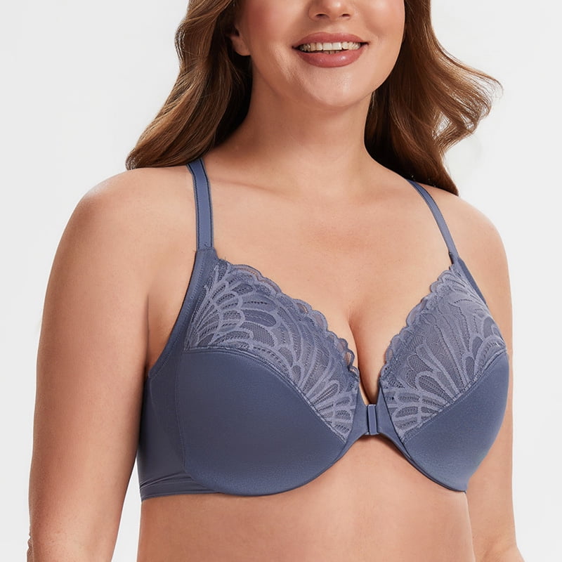MELENECA Women's Racerback Front Closure Lace Unlined Plus Size Full Coverage Underwire Bra Slate Blue 34B