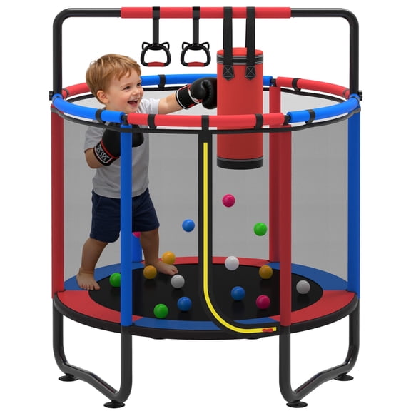 55" Toddler Trampoline for Kids with Basketball Hoop, SHINPT Indoor Outdoor Kids Trampoline with Enclosure Net, Basketball, Small Trampoline Gift for Boys Girls, Mini Trampoline for Kids