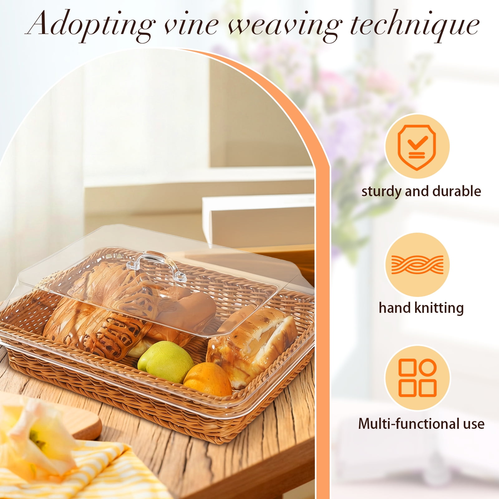 Kitchen Imitation Rattan Bread Basket,13.8''x9.8'' Large Wicker Bread Basket with Acrylic Lid,Tabletop Food Serving Basket, Fruit Tray, Rattan Food Serving Tray for Kitchen,Dining,Restaurant,Brown