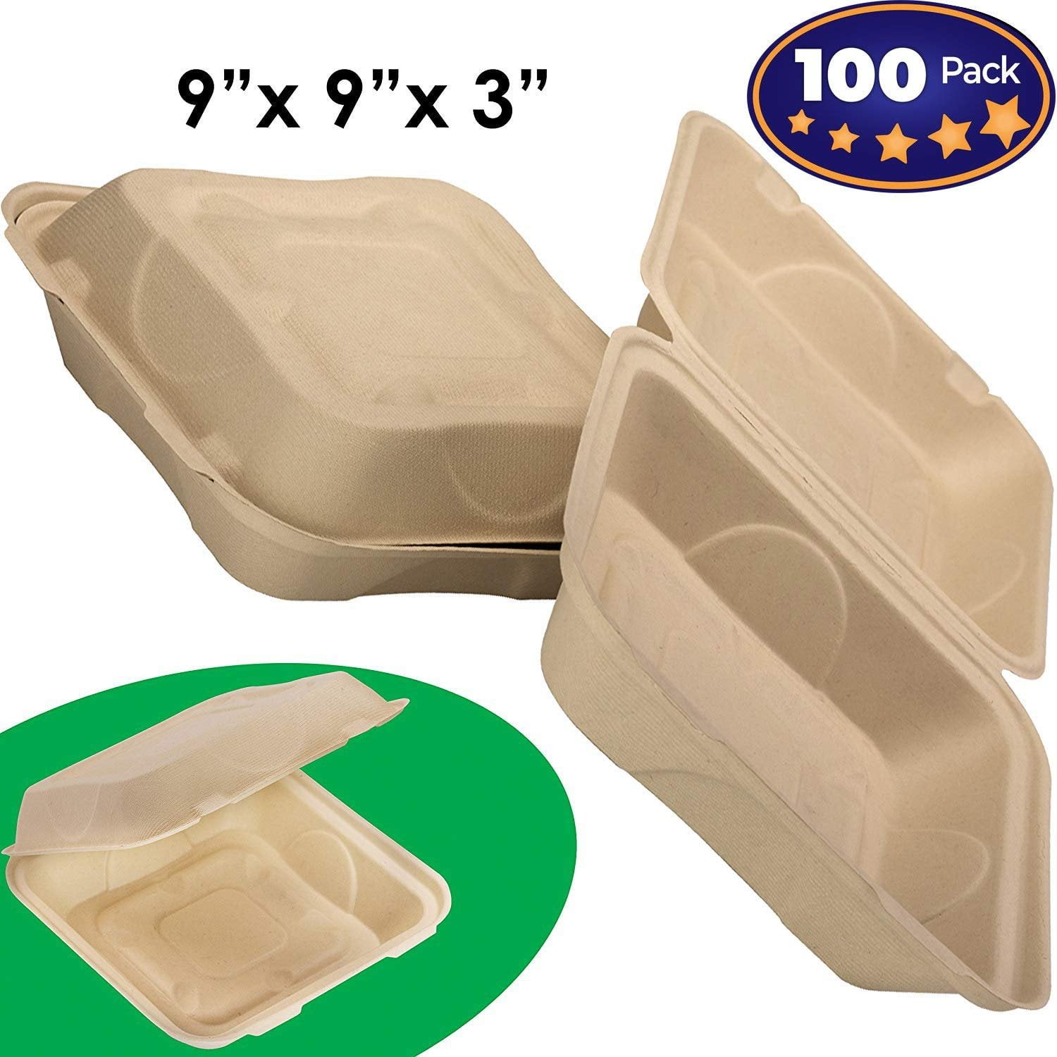 Biodegradable 9x9 Take Out Food Containers with Clamshell Hinged Lid 100 Pack. Microwaveable