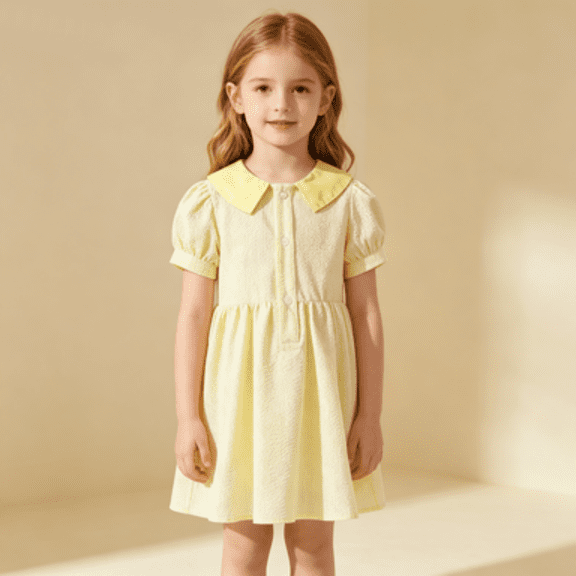 Sibling Matching Solid Peter Pan Collar Girl Dress Kids Puff Sleeve Button Dress Matching Boy Suspender Short Outfit Sets