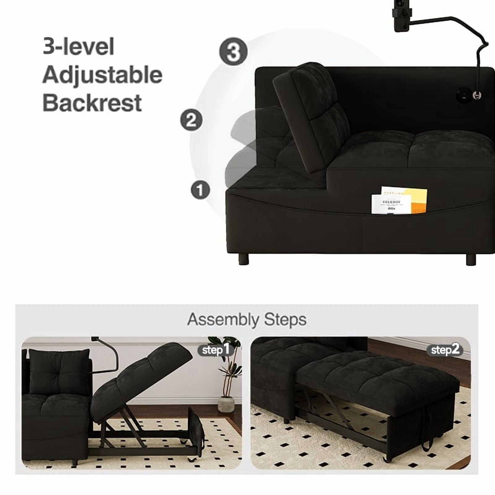 Leumius Folding Sofa Bed, 3 Lengths Available, Modern Sofa Velvet Pull-Out Bed, Loveseat with Adjustable Backrest, USB Port and Rotating Phone Holder, Black.