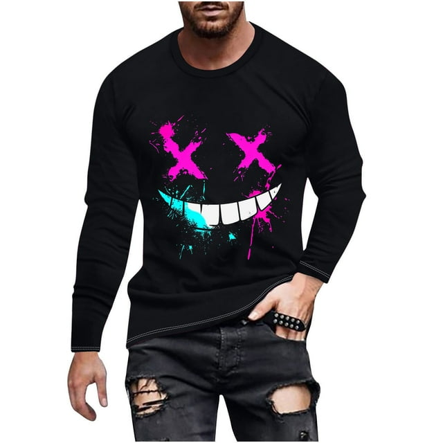 Haut Imprimé à la Mode pour Hommes avec Col Rond à Manches Longues et Visage Souriant Haut/chemise Impriméx