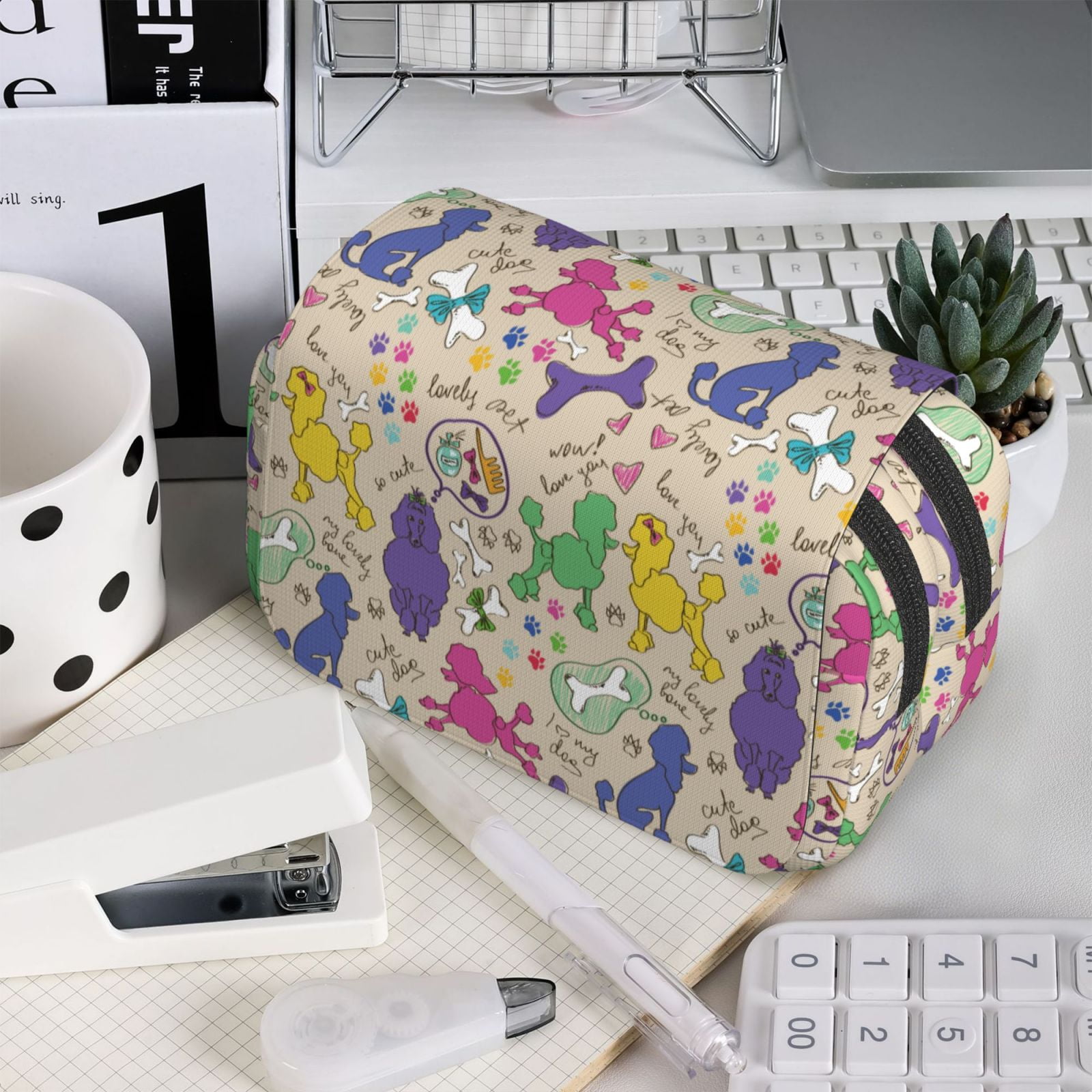 Rateoe Colorful Poodle Dog Pattern Double Clamshell Pen Case, Storage Organizer with Two Zipper Compartments– Holds Up to 50 Pencils & Pens