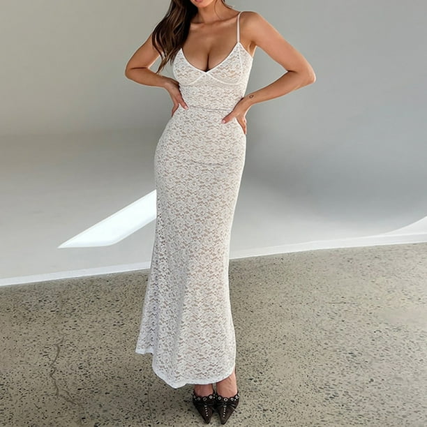 Vestido transparente de encaje para mujer Vestido de tirantes de espagueti de corte bajo Vestidos largos de vacaciones FLhrweasw Nuevo