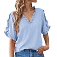 thumbnail image 1 of Camisa de Manga Corta con Cuello en V de las Señoras Casual, de Moda de Color Sólido para el Verano, 1 of 7