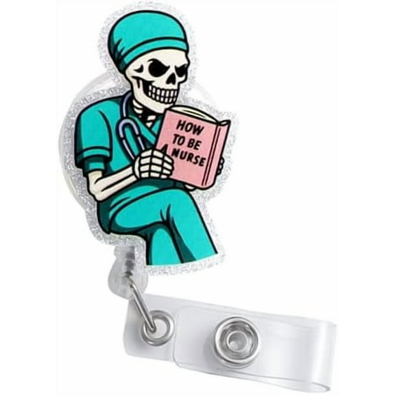 Skull Retractable Badge Reel for Men & Women, Funny Skeleton Name Tag Card Holder with Alligator Clip Acrylic ID Clip for Nurse Worker Nursing Student Teacher$$Office