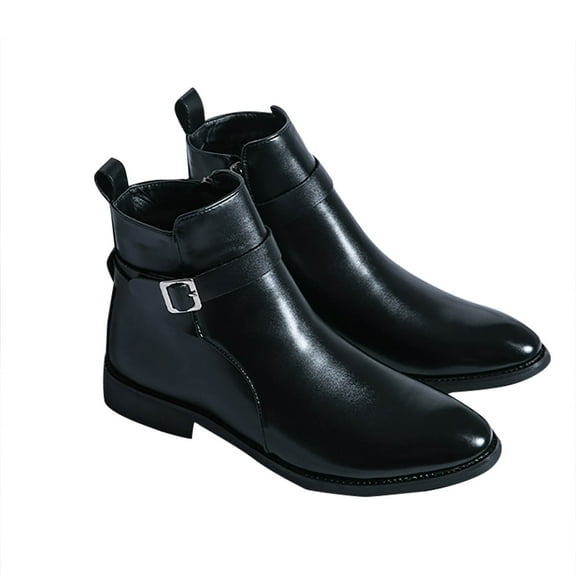Black Mens Fashion Boots Sharp Toe Design Leather Buckle And Zipper For Casual Outdoor Indoor Use