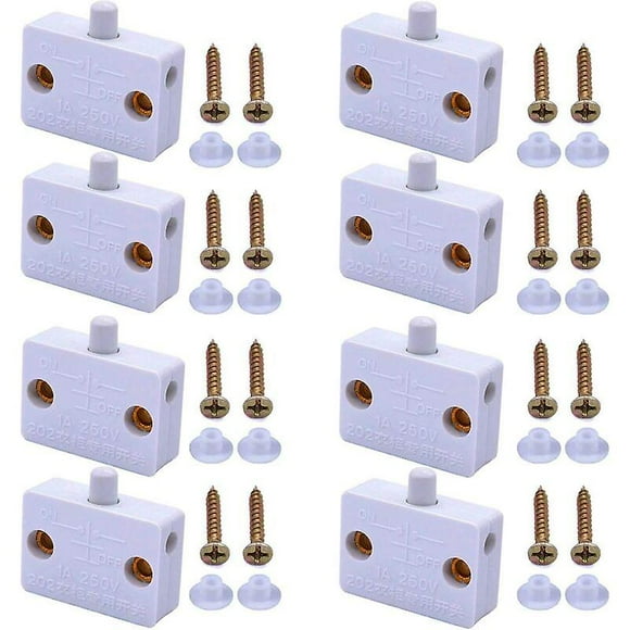 8Pcs Cabinet Switch Momentary Door Light Switch Automatic Switch for Cupboards Furniture Door Switches, Open When Pushed/White