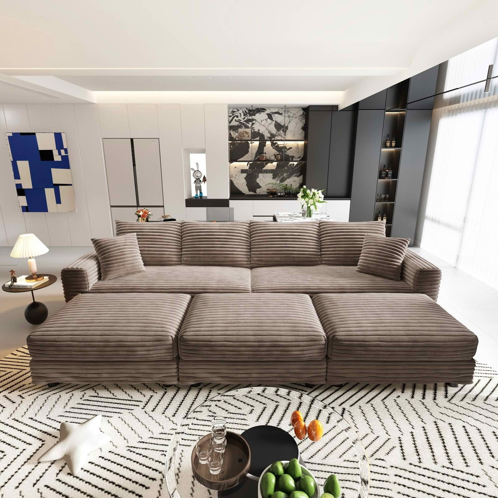 MAYEERTY 102.4" Plush Corduroy 4‑Seat Cloud Sofa with 3 Movable Ottomans, Convertible Deep Seat Lounge Couch for Apartment