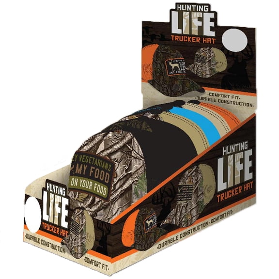 Hunting Life Adjustable Camo Trucker Hat with Patch – Assorted Styles
