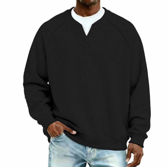 Men's Casual Fashion Solid Color Breathable V Neck Waffle Knit Pullover Hoodie Top