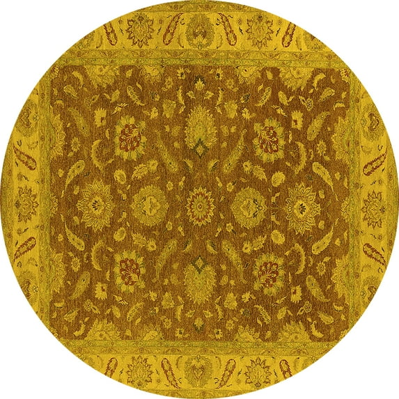 Ahgly Company Machine Washable Indoor Round Oriental Yellow Industrial Area Rugs, 6' Round