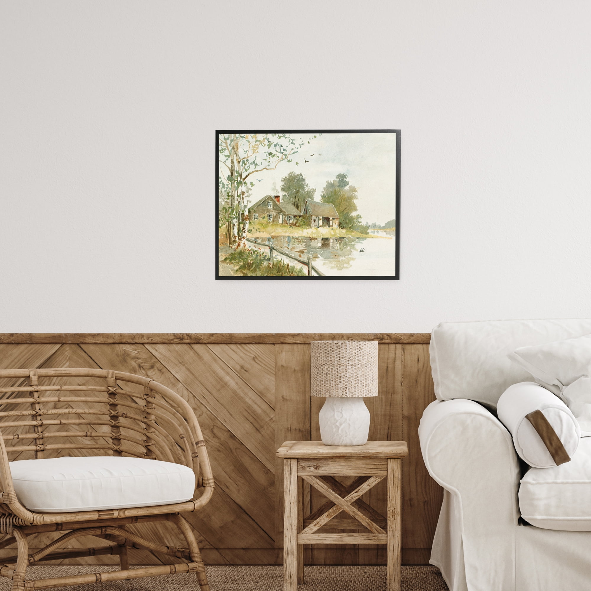 Cabin Along River's Edge Black Framed Giclee Art, design by Lettered and Lined