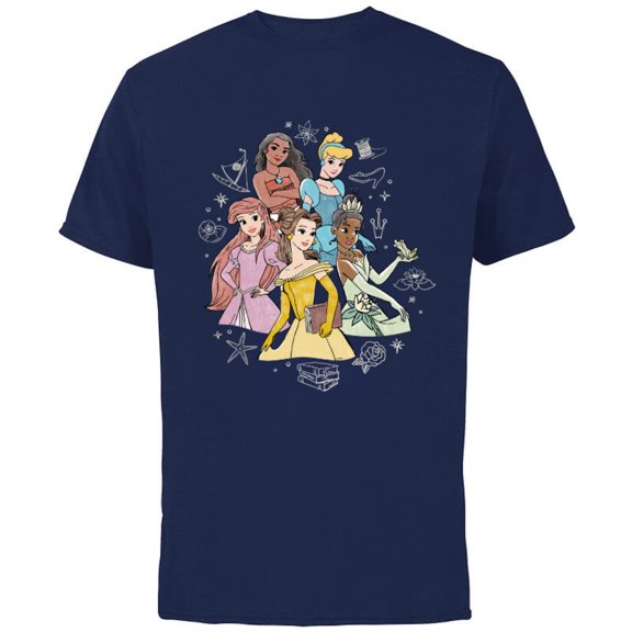Disney Princess Pencil Sketch - Short Sleeve Cotton T-Shirt for Adults - Customized-Navy