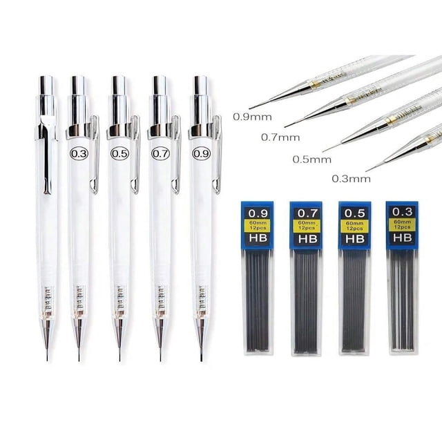 LNGOOR 6Pcs/Set Transparent Mechanical Pencil 0.3 0.5 0.7 0.9mm With Lead Refills Set For Sketching Automatic Pencils Art Drawing Painting