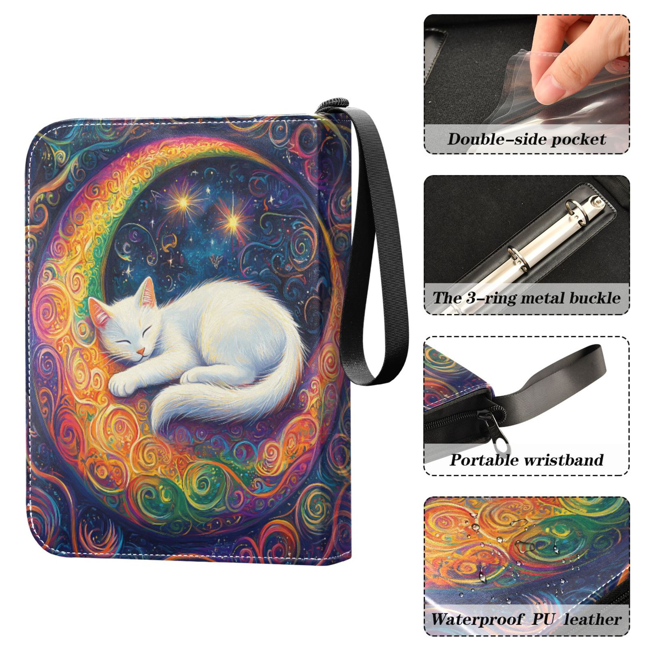 Trading Card Binder Album 400 Pockets 50 Removable 4-Pocket Pages Waterproof Cat Laying on Moon