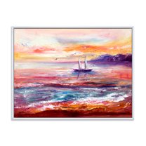 Designart 'Boat On The Ocean During VIbrant Sunset Glow' Nautical & Coastal Framed Canvas Wall Art Print