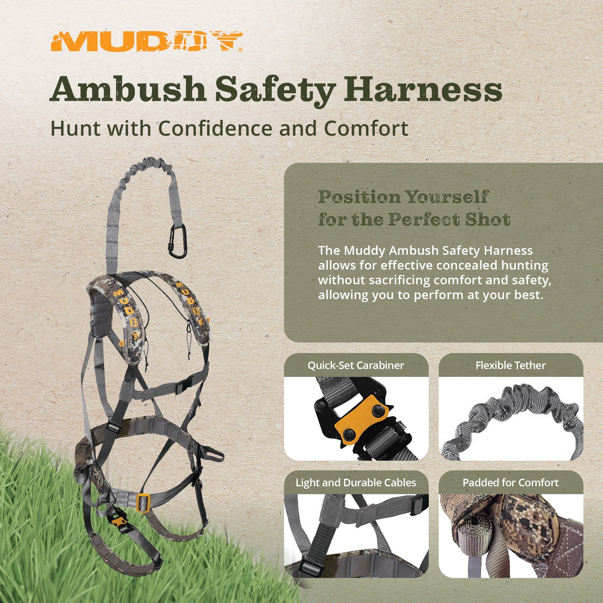 Muddy Hunting Tree Stand Safety Systems Lightweight Padded Nylon Whitetail Deer Quick-Release Ambush Optifade Elevated II Harness