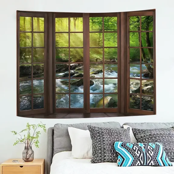 Rustic Window Forest Stream Tapestry, 37×29 Inches, 3D Scenic Wall Hanging for Bedroom Living Room Decor