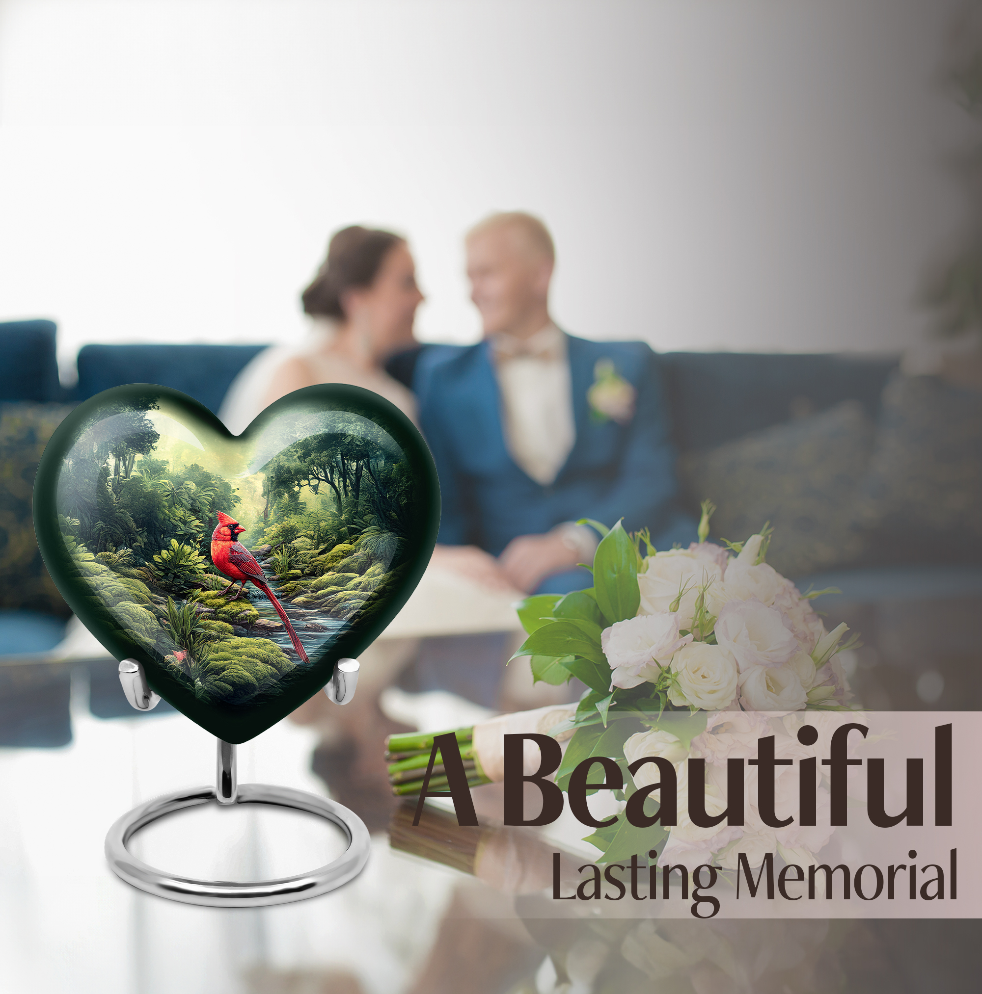MUKTIVE Red Cardinal Urns for Human Ashes Adult Man & Women - Bird Cremation Urns for Human Ashes - Green Funeral Urn for Burial - Large Heart Urn for Mom & Dad - 8 Inch