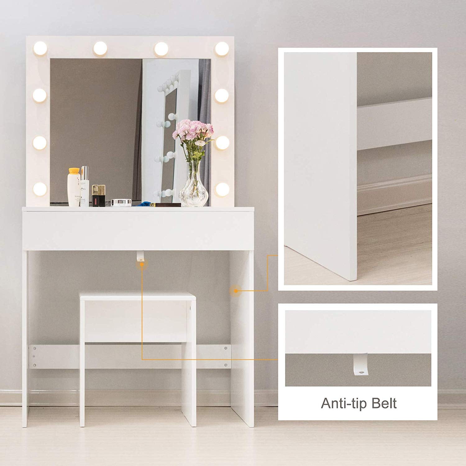  MVTEX Vanity Dressing Table Set Luxury Makeup Bench with 3  Colors Led Hd Mirror,Comfortable Stool Drawers Cabinet,Modern Simple  Style,for Girl's Gift (Size : 100cm) : Home & Kitchen