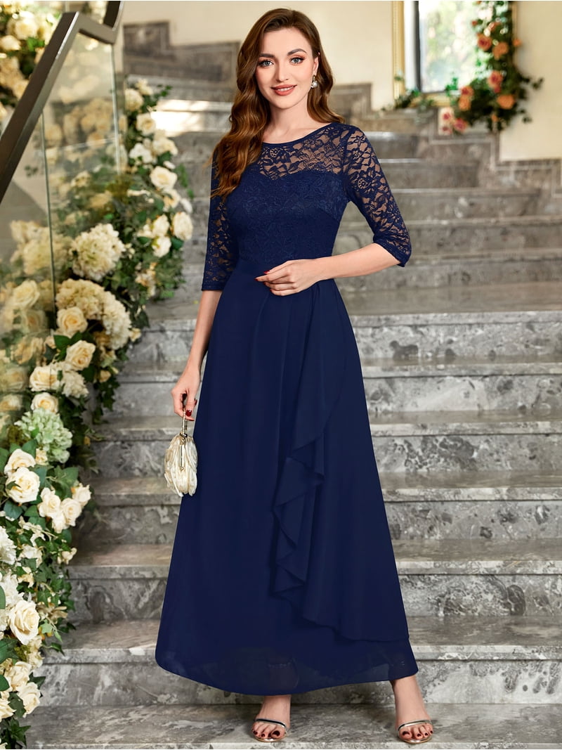 Miusol Women's Contrast Floral Lace Chiffon Ruffle Hem Formal Party Long Dress