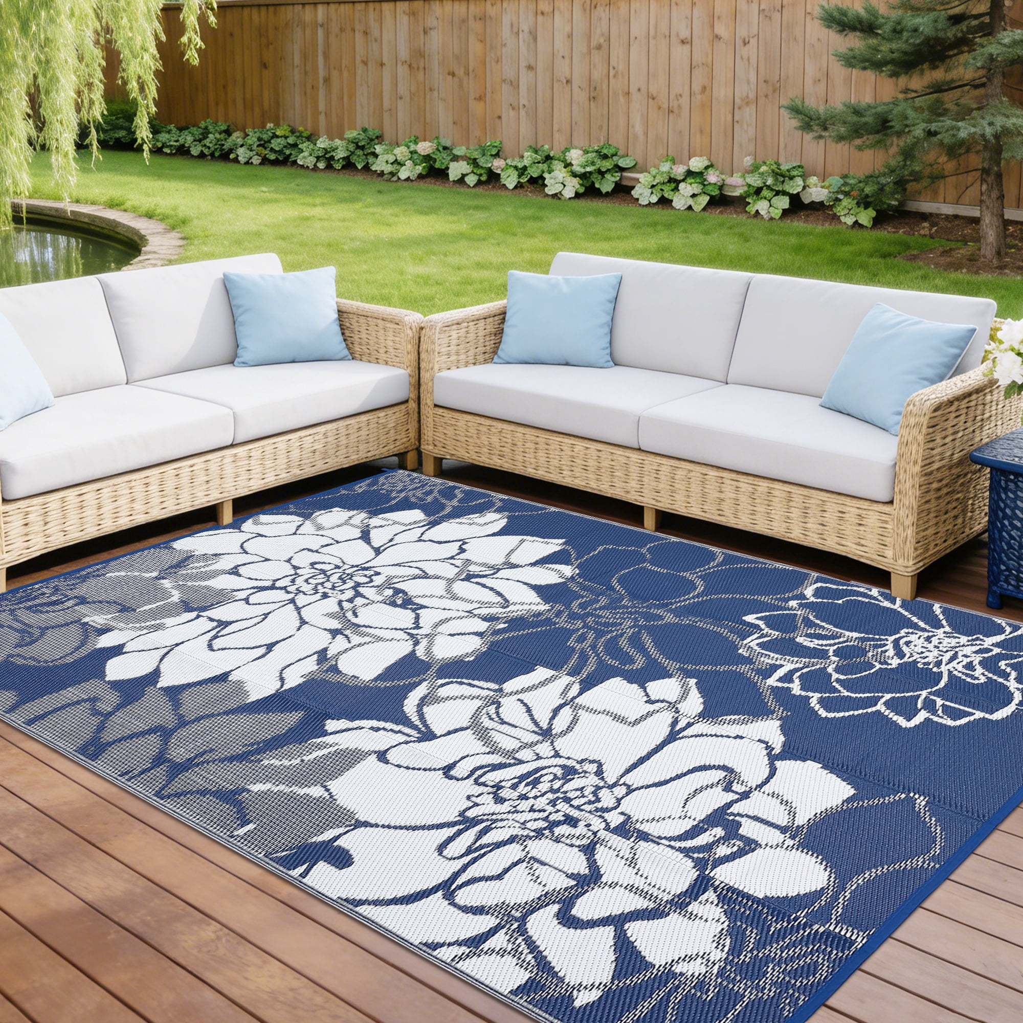 Nanan 9x18ft Outdoor Rug Waterproof Reversible Plastic Straw Patio Rug, UV Resistance Portable Floral Camping Carpet for Deck, Porch, Balcony, Backyard, Dark Blue