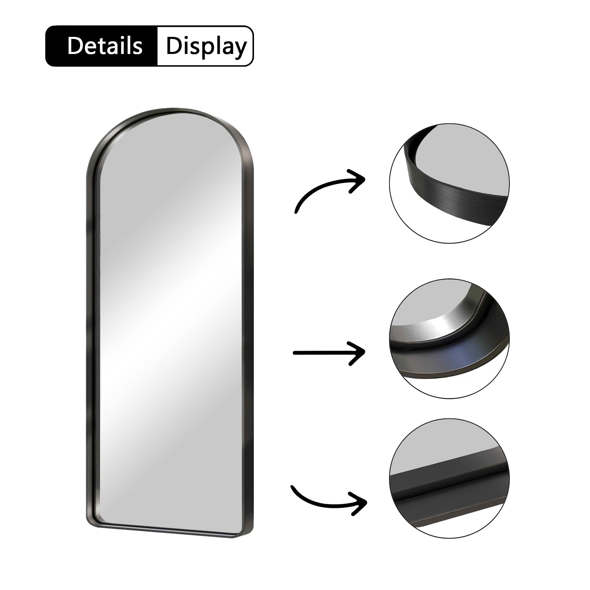MAYEERTY 71x31x2 Inch Black Painted Aluminum Round Corner Arched Full Length Mirror, Deep, No Stand for Bedroom