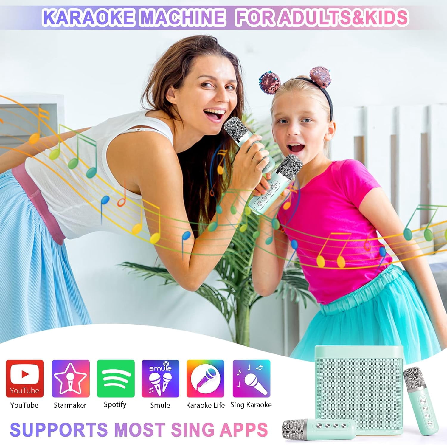 Mini Karaoke Machine, Portable Bluetooth Speaker with 2 Wireless Karaoke Microphones,Singing Machine Karaoke System for Kids Adult for Travel Home Party Birthday Singing