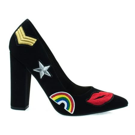 - OgdenP Black Patch by Not Just A Pump, Embroidered Retro Graphic Lips, Rainbow, Star Patch Block Heel Dress Pump