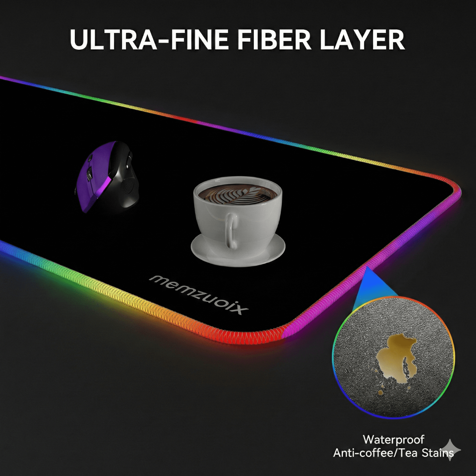memzuoix LED Mouse pad 31.5×11.8 Inch, Large RGB Glow Gaming Mouse Pad for Computer, 12 Cool Lighting Modes, Anti-Slip Base, Waterproof, Stain Resistant, Desk Mouse pad for Wireless mouse, Black