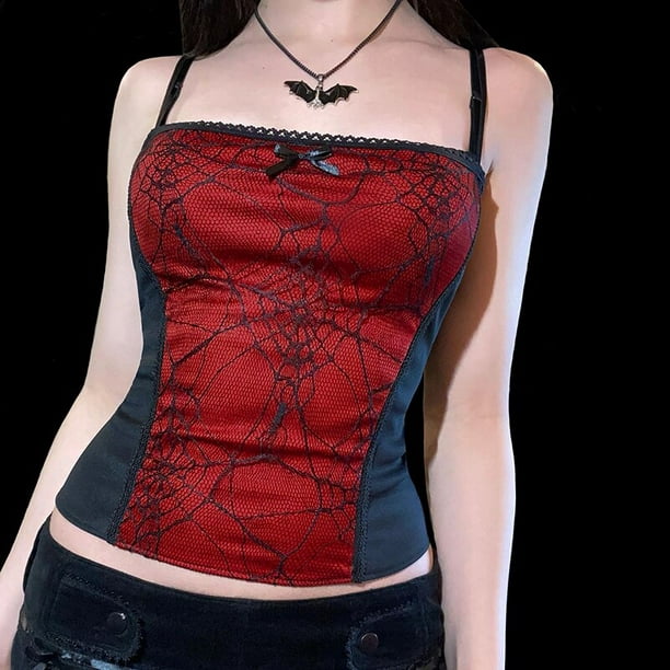 Goth Cross Print Lace Bodycon Crop Tops Camis Sexy Y2K Aesthetic Black Red  Basic Corset Tank Top Summer Clothes for Women Girls 