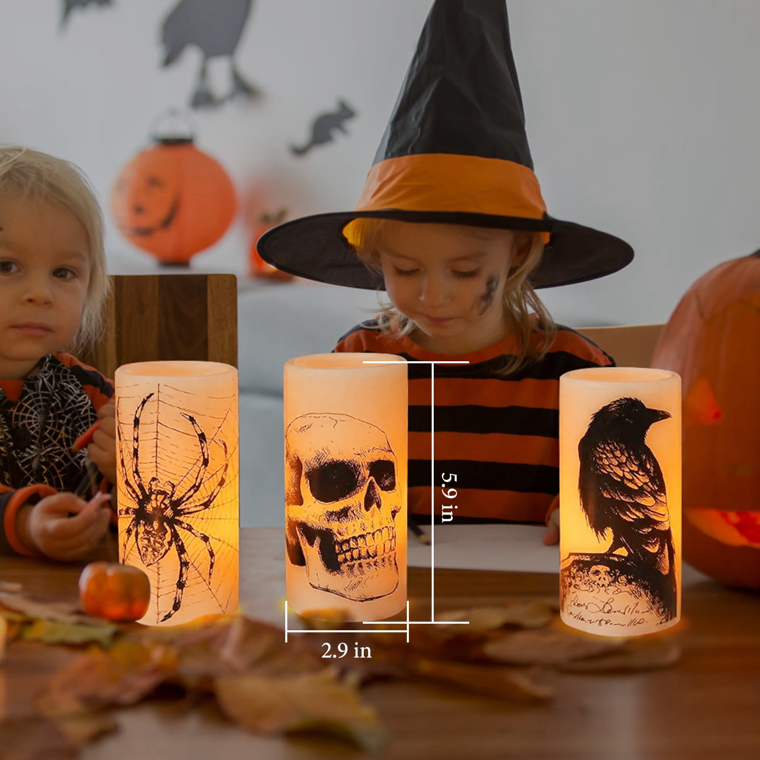 Moclever 3Pack Halloween Flameless Candles with Timer, Battery Operated LED Candle Lights, Spider Crow Skull Design for Party Decoration