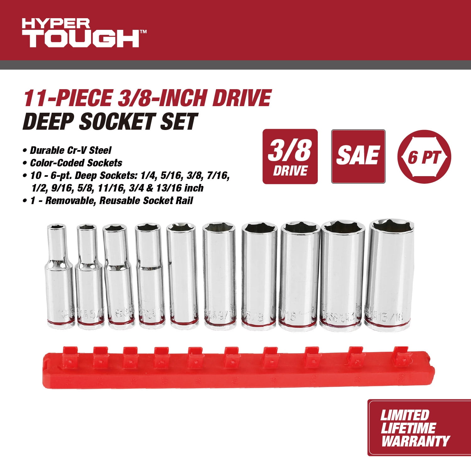 Hyper Tough 11-Piece 3/8-inch Drive Deep Socket Set (SAE)